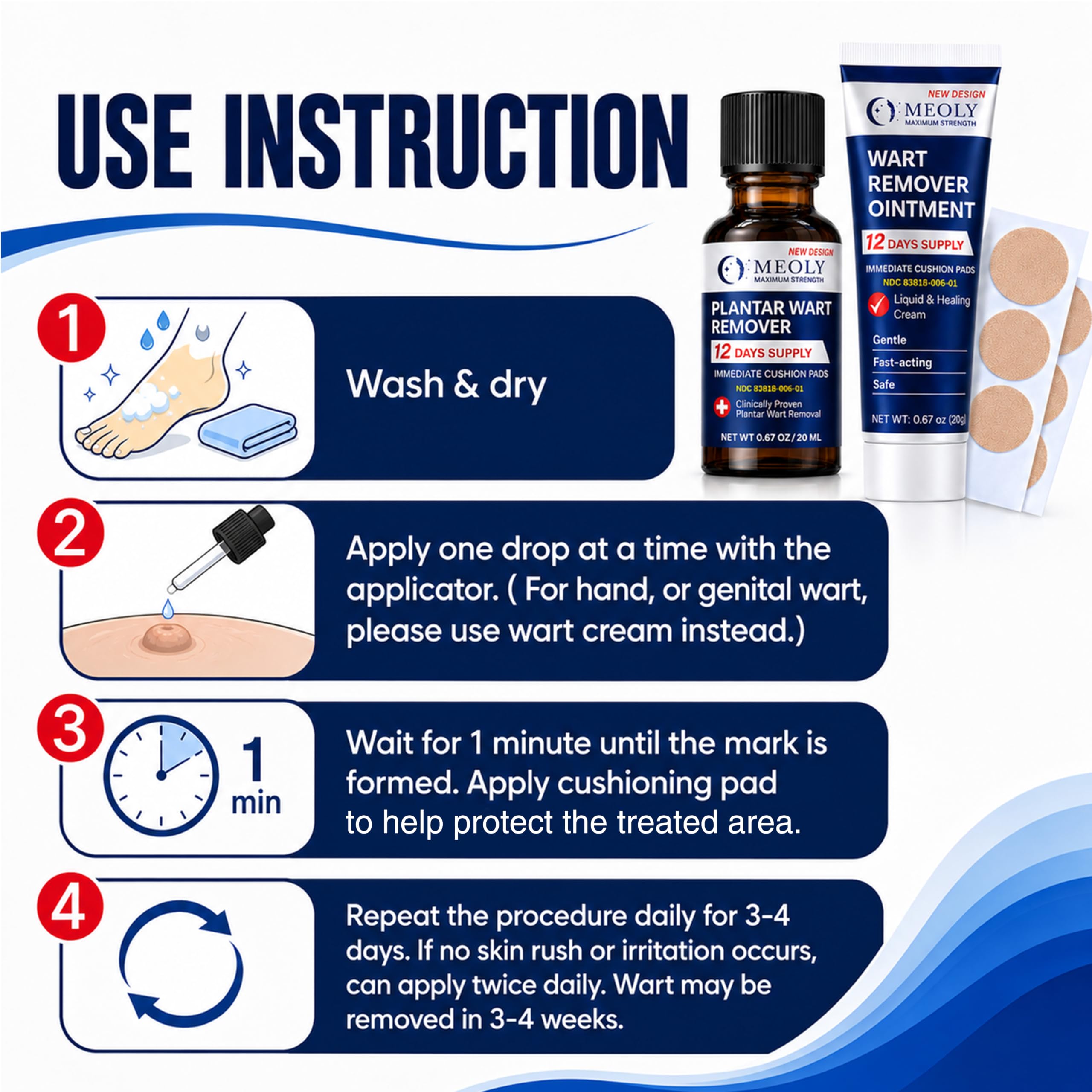 MEOLY etiqueta con instrucciones claras para uso seguro y eficaz