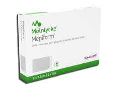 Mepiform empaque frontal mostrando caja de 5 apósitos, organización y tamaño práctico