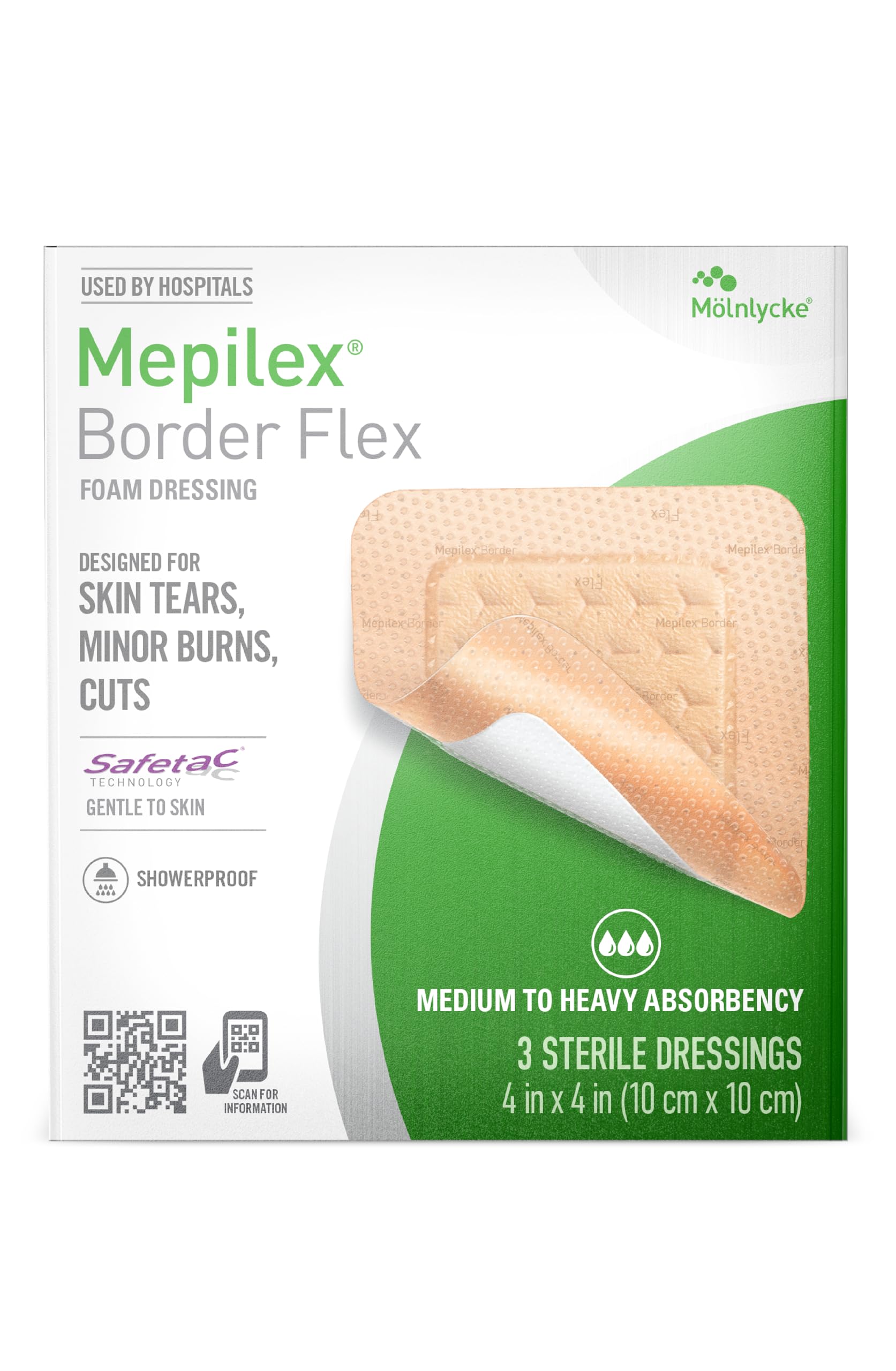 mepilex empaque frontal mostrando tamaño 10x10 cm y uso seguro