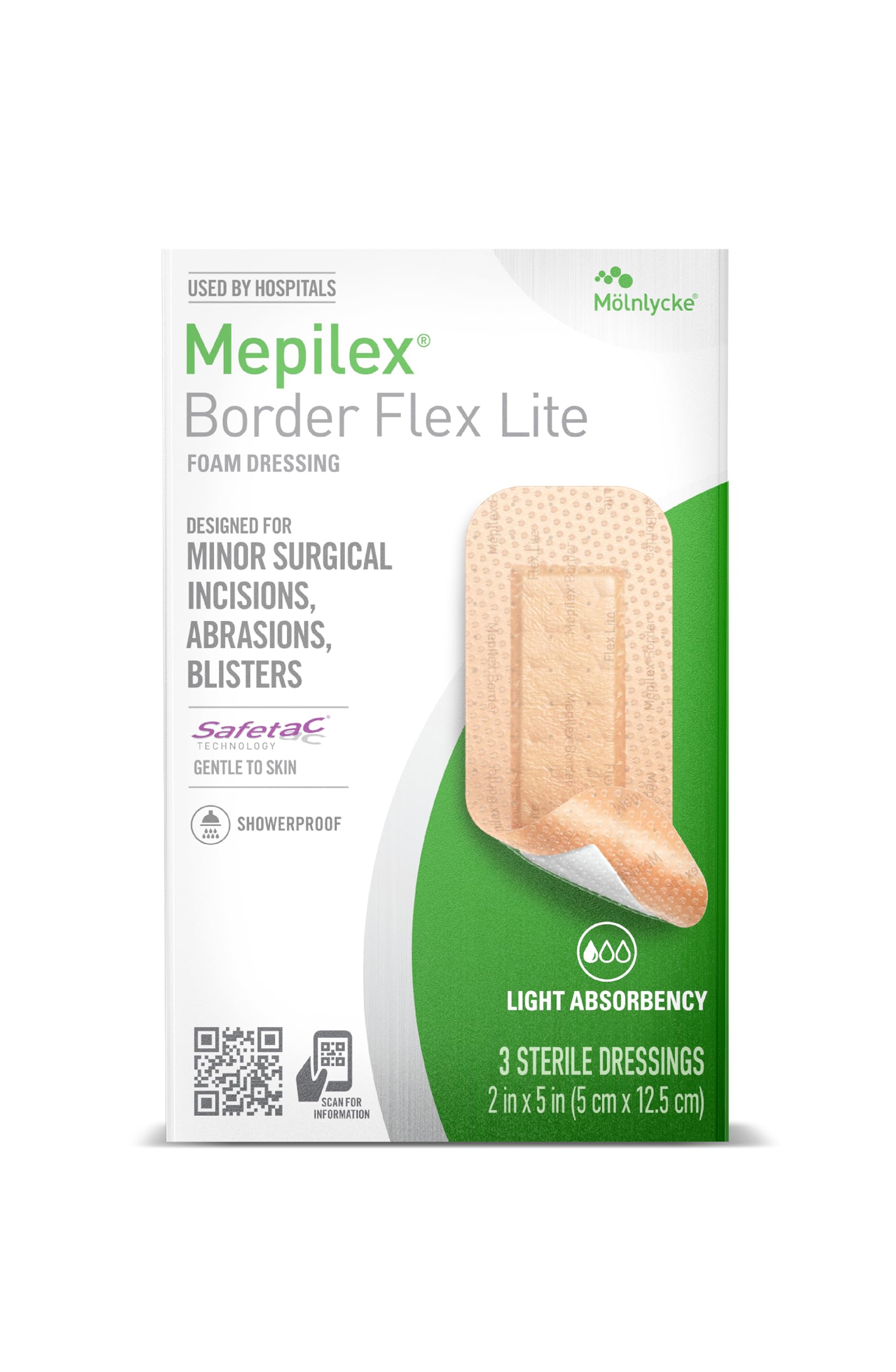 Mepilex apósito frontal mostrando forma y tamaño, protección fiable
