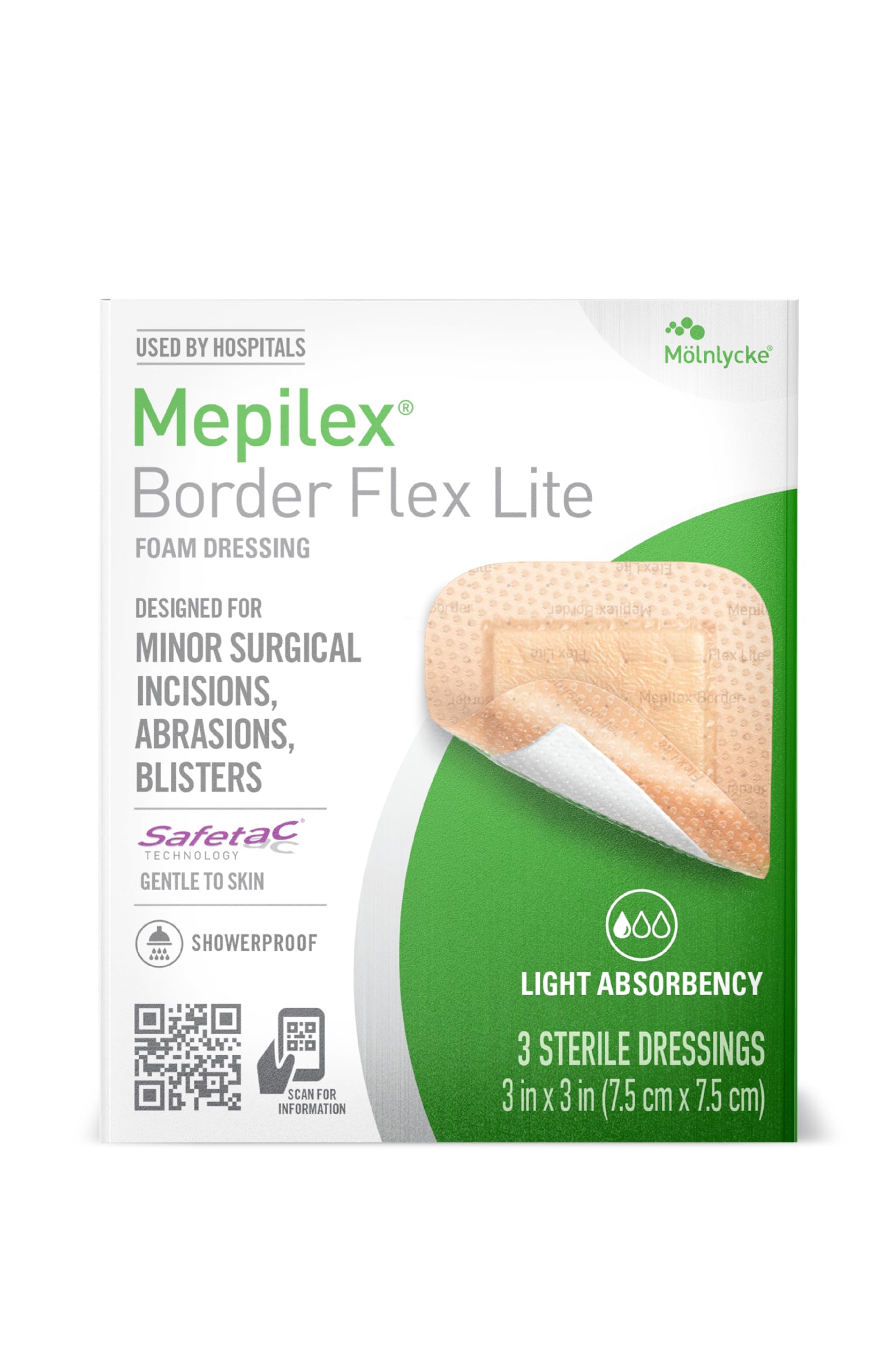 Mepilex presentación frontal mostrando empaque y beneficio de protección hospitalaria