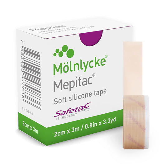 Mepitac cinta frontal rollo mostrando etiqueta y uso seguro para piel sensible