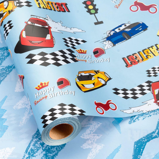 Merture papel de regalo azul frente con coches de carrera, atractivo visual