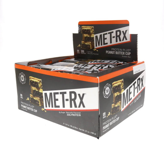 MET-Rx barra Protein Plus abierta mostrando su interior y conveniencia para consumo inmediato
