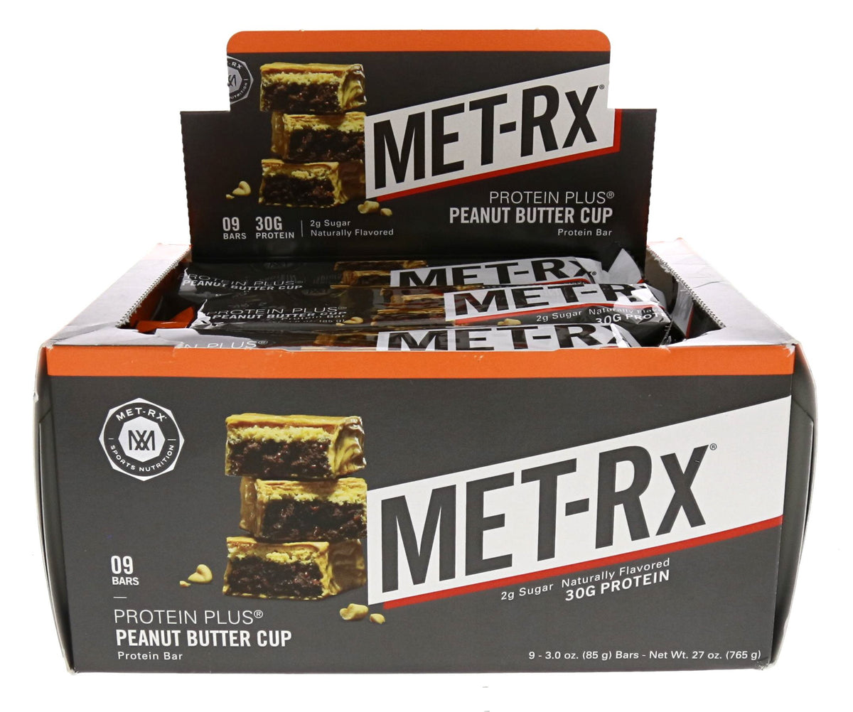 MET-Rx barra Protein Plus frontal mostrando diseño y sabor Peanut Butter Cup para reconocimiento rápido
