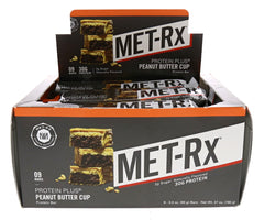 MET-Rx barra Protein Plus frontal mostrando diseño y sabor Peanut Butter Cup para reconocimiento rápido