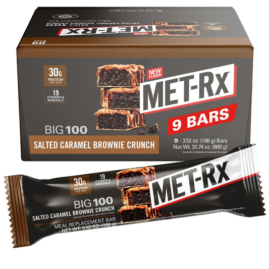 MET-Rx vista frontal del empaque mostrando sabor y porción, conveniencia inmediata