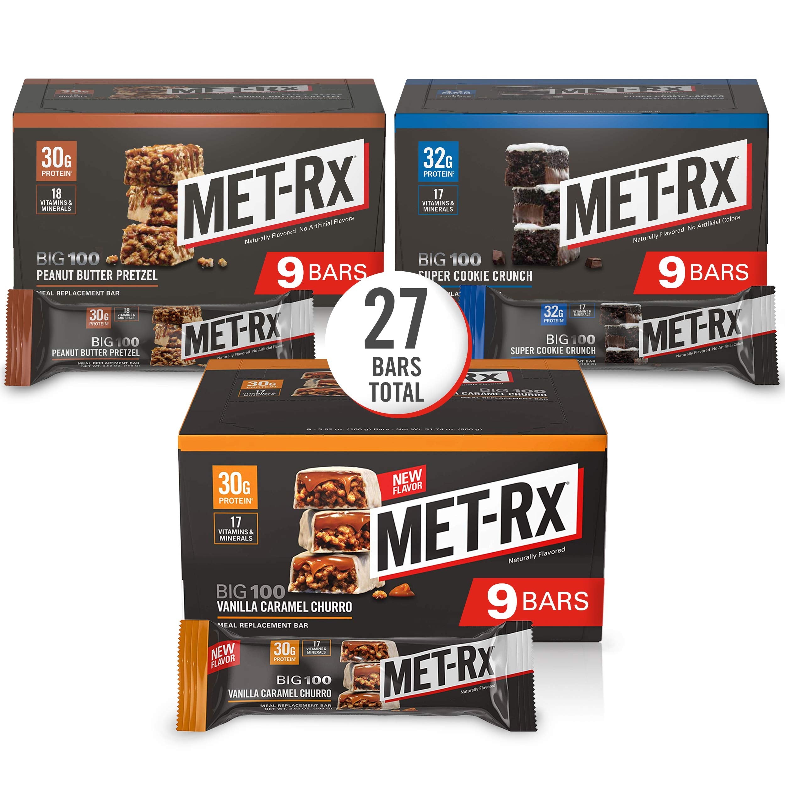 MET-Rx paquete frontal mostrando variedad y conveniencia para llevar