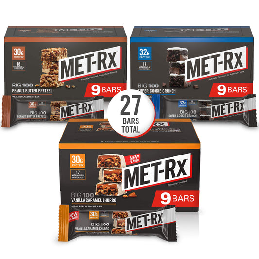 MET-Rx paquete frontal mostrando variedad y conveniencia para llevar