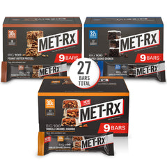 MET-Rx paquete frontal mostrando variedad y conveniencia para llevar