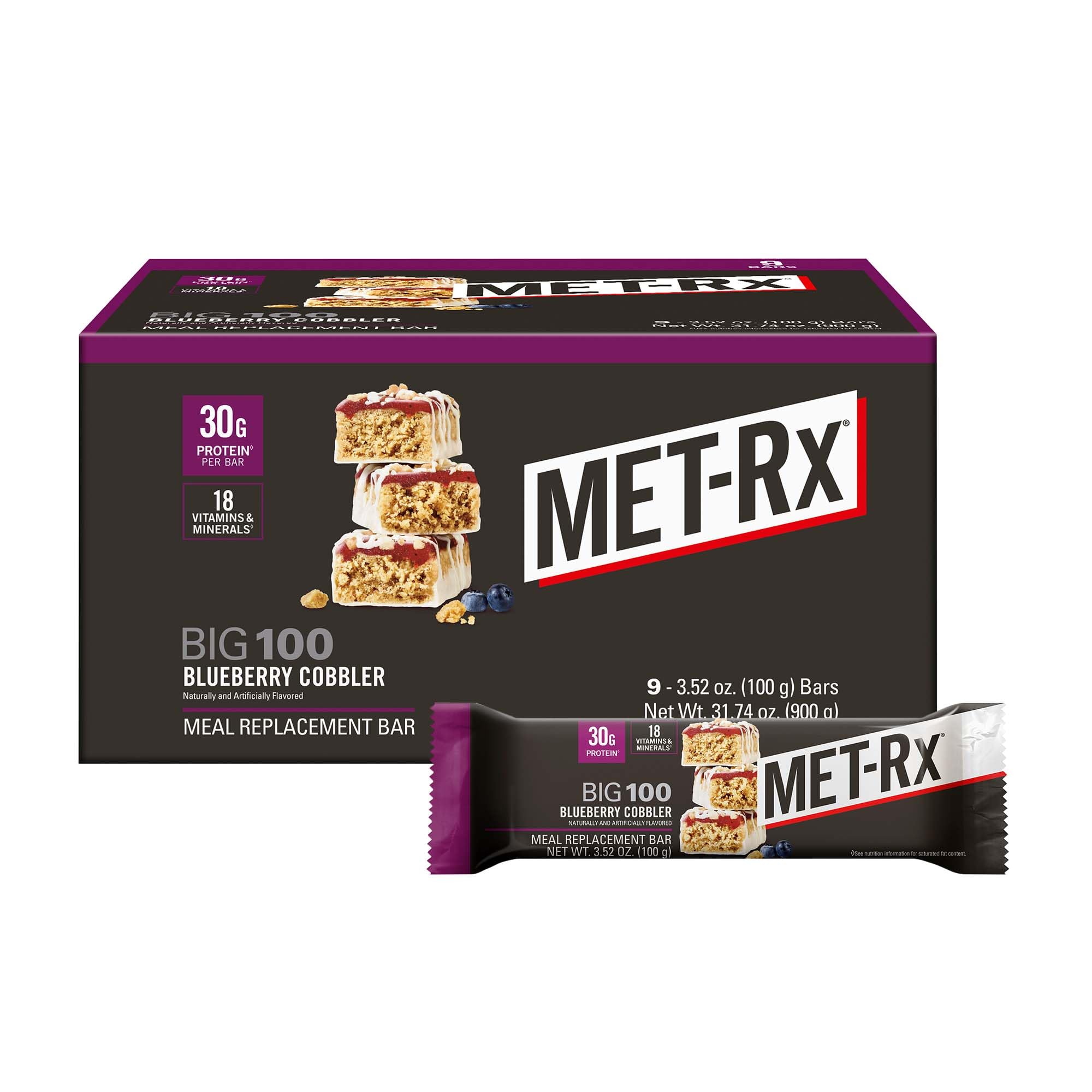 MET-Rx barra frontal paquete mostrando marca y sabor para elección rápida
