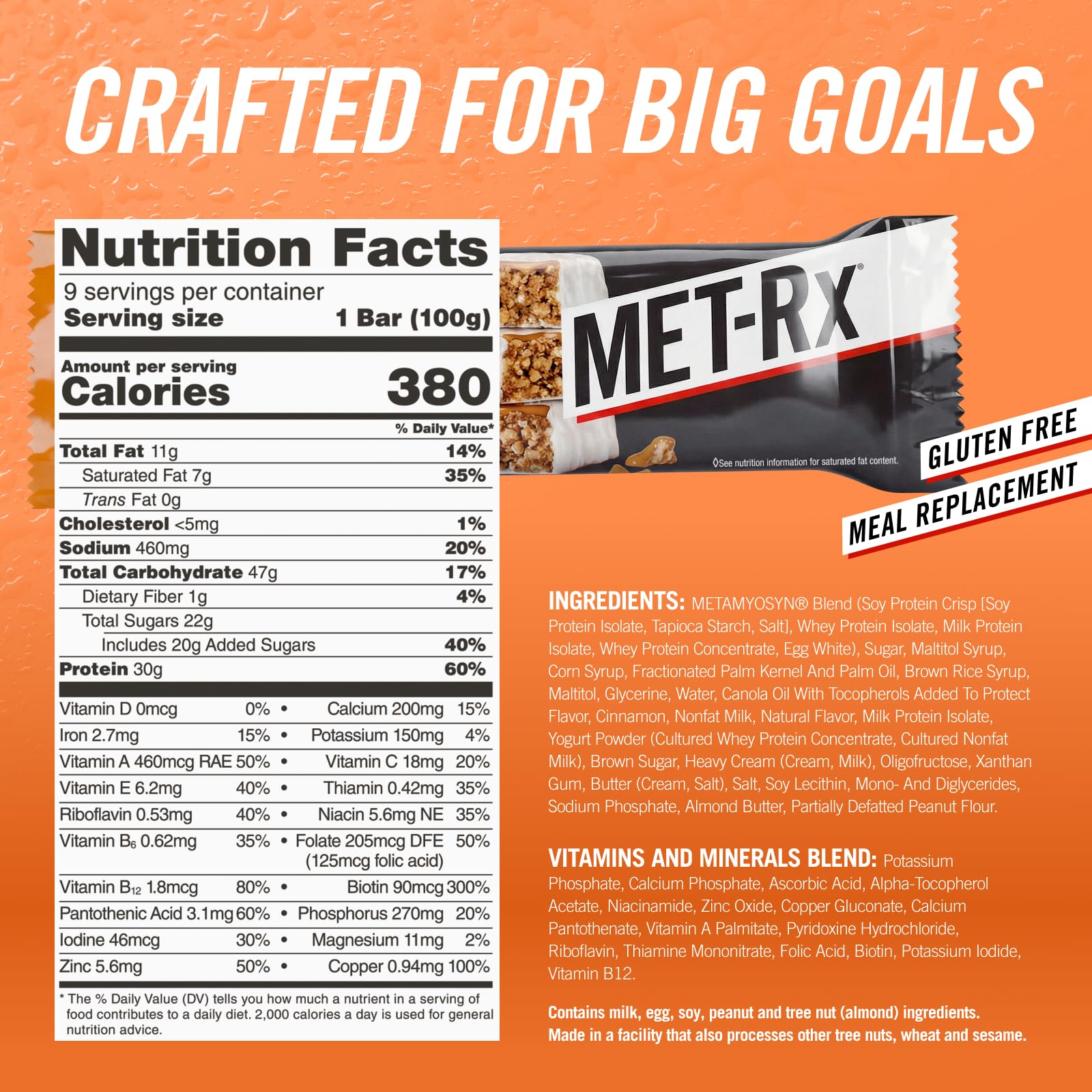 MET-Rx etiqueta nutricional con información de 30 g de proteína y vitaminas para decisión informada