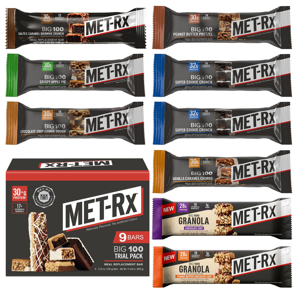 MET-Rx vista frontal del empaque mostrando el tamaño y proteínas