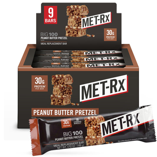 MET-Rx envase frontal de la caja con 9 barras mostrando el sabor y beneficios