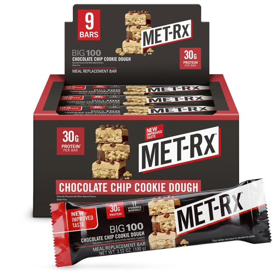 MET-Rx paquete frontal mostrando 9 barritas, práctico para llevar