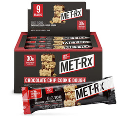MET-Rx paquete frontal mostrando 9 barritas, práctico para llevar