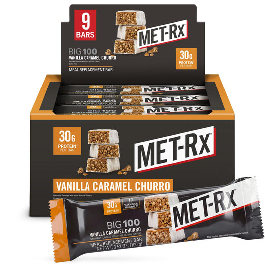 MET-Rx paquete frontal del sabor Vainilla Caramelo Churro mostrando 9 barras y beneficio de proteína alta