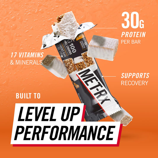 MET-Rx primer plano de la textura tipo granola y caramelo que resalta sabor y saciedad