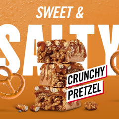 Detalle de la textura interna de la barra MET-Rx con pretzel crujiente para apreciar textura