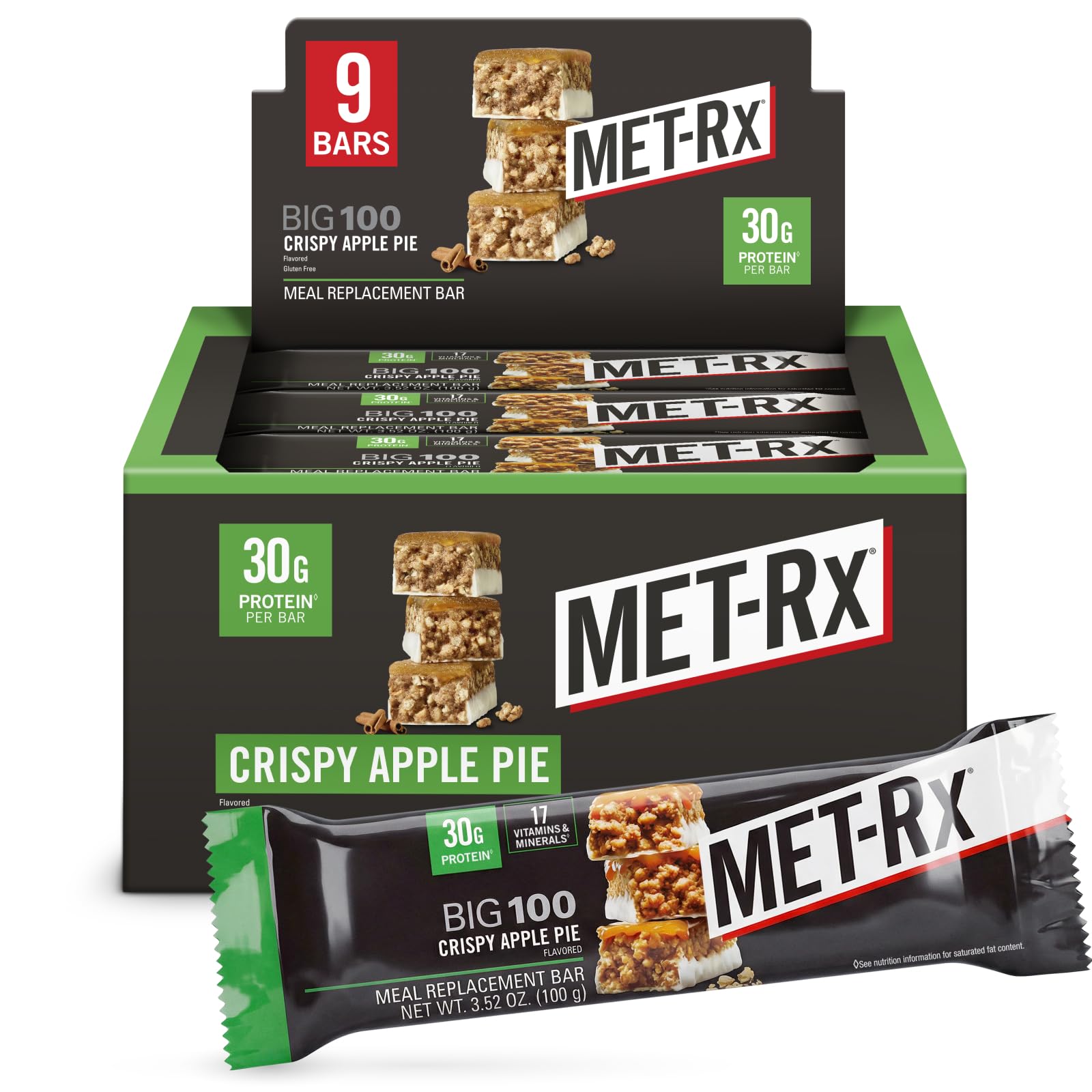 MET-Rx caja frontal mostrando 9 barras y etiqueta con 32 g proteína