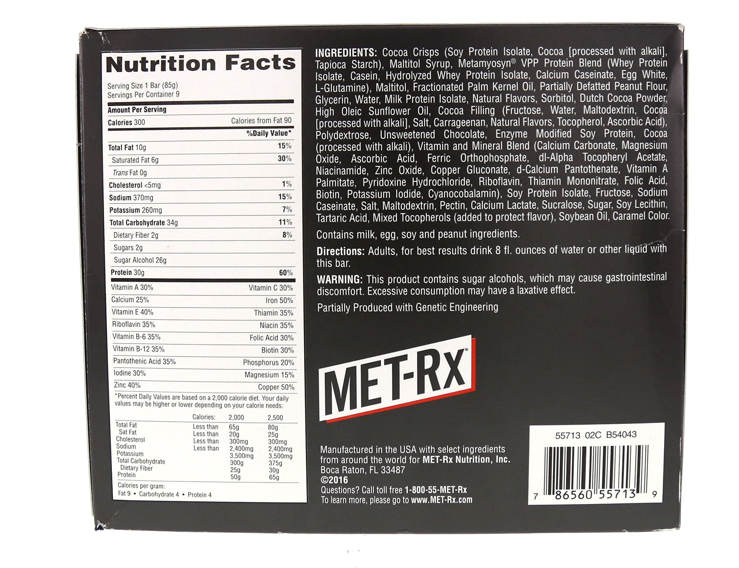 MET-Rx detalle de ingredientes principales enfatizando proteína y vitaminas