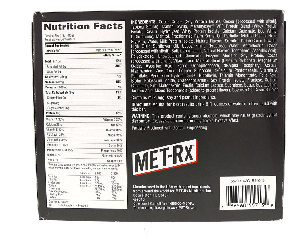 MET-Rx detalle de ingredientes principales enfatizando proteína y vitaminas