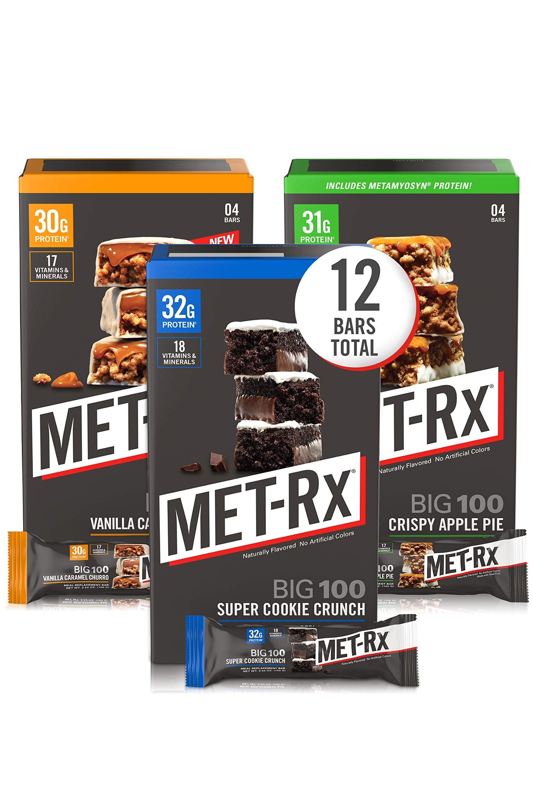 MET-Rx frontal del paquete Big 100 mostrando variedad y conveniencia