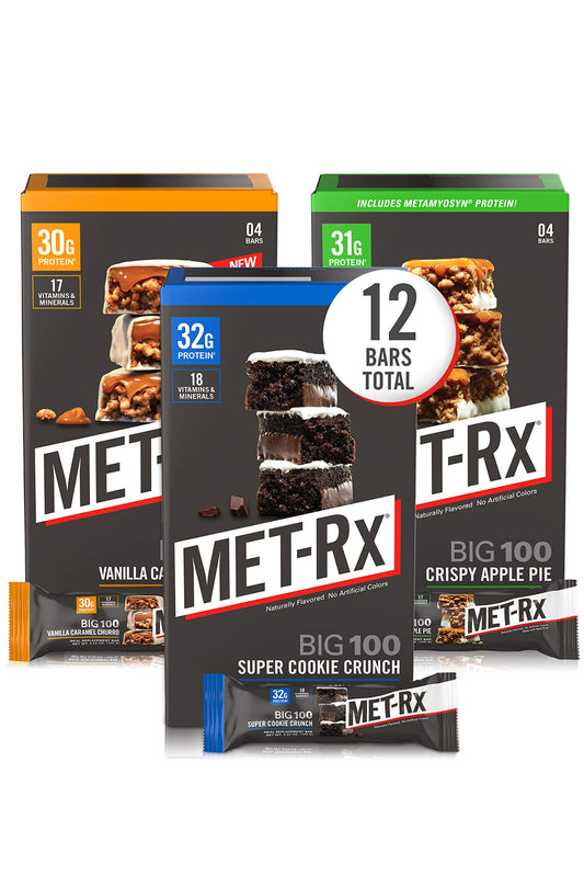 MET-Rx frontal del paquete Big 100 mostrando variedad y conveniencia