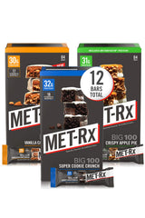 MET-Rx frontal del paquete Big 100 mostrando variedad y conveniencia