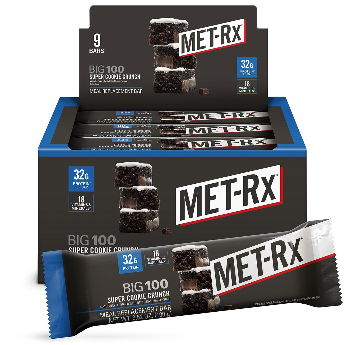 MET-Rx barrita frontal mostrando envoltorio y tamanho práctico
