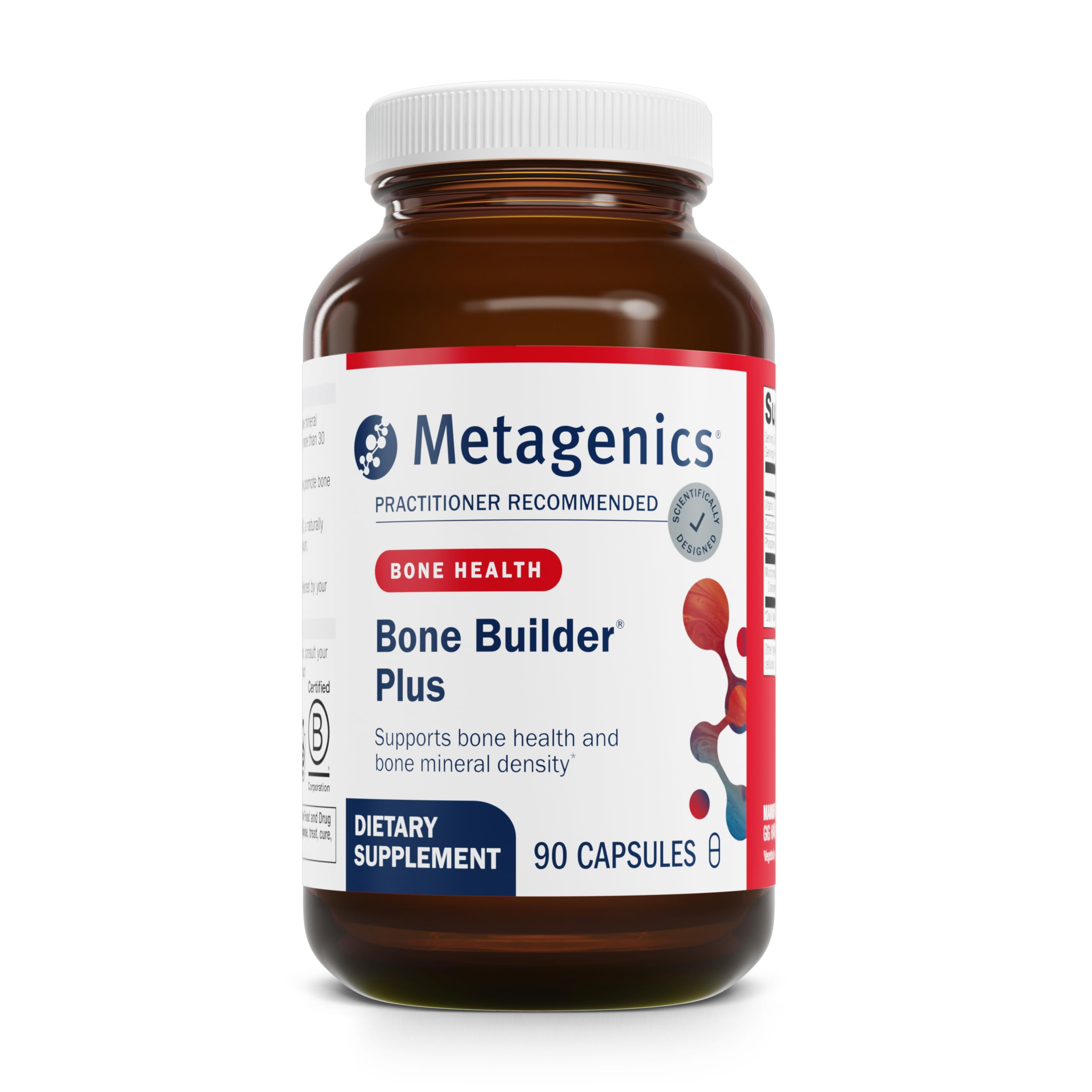 Metagenics envase frontal mostrando Bone Builder Plus y beneficios