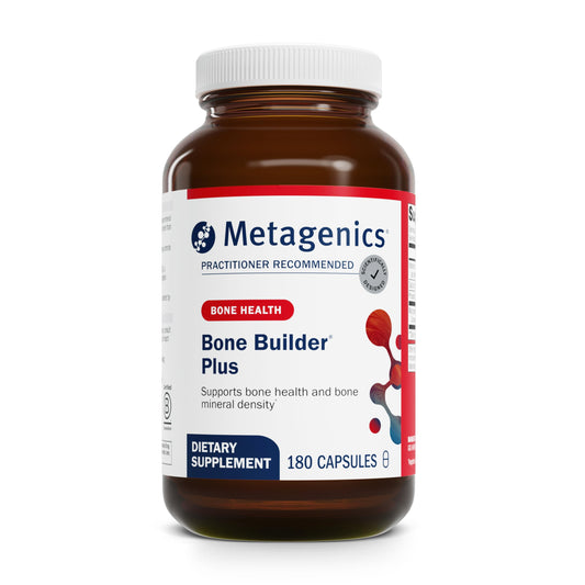 Metagenics frasco frontal mostrando fórmula Bone Builder Plus y confianza