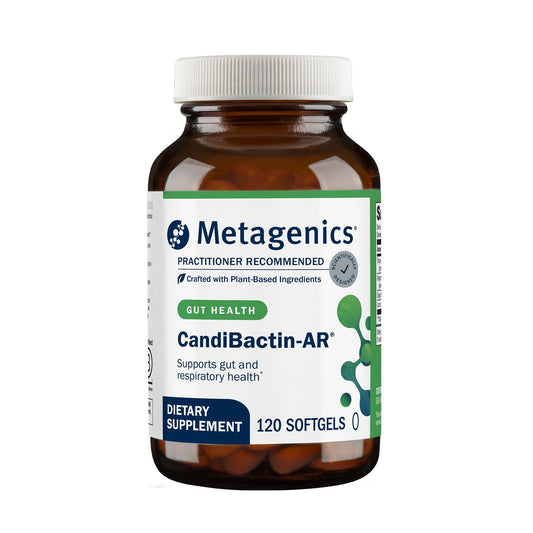 Metagenics CandiBactin-AR envase frontal mostrando información clara y confianza