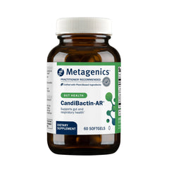 Metagenics CandiBactin-AR frente del empaque mostrando la marca y la cantidad, transmite confianza.