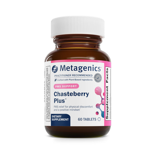 Metagenics Chasteberry Plus frente del envase mostrando la marca y beneficios