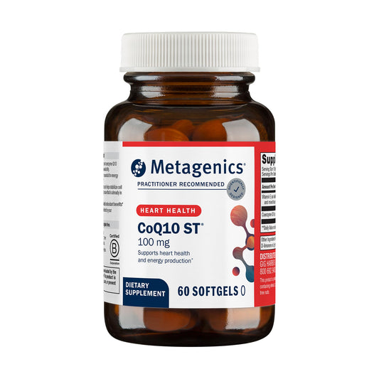 Metagenics CoQ10 ST-100 frasco frontal mostrando 60 cápsulas y beneficio energético