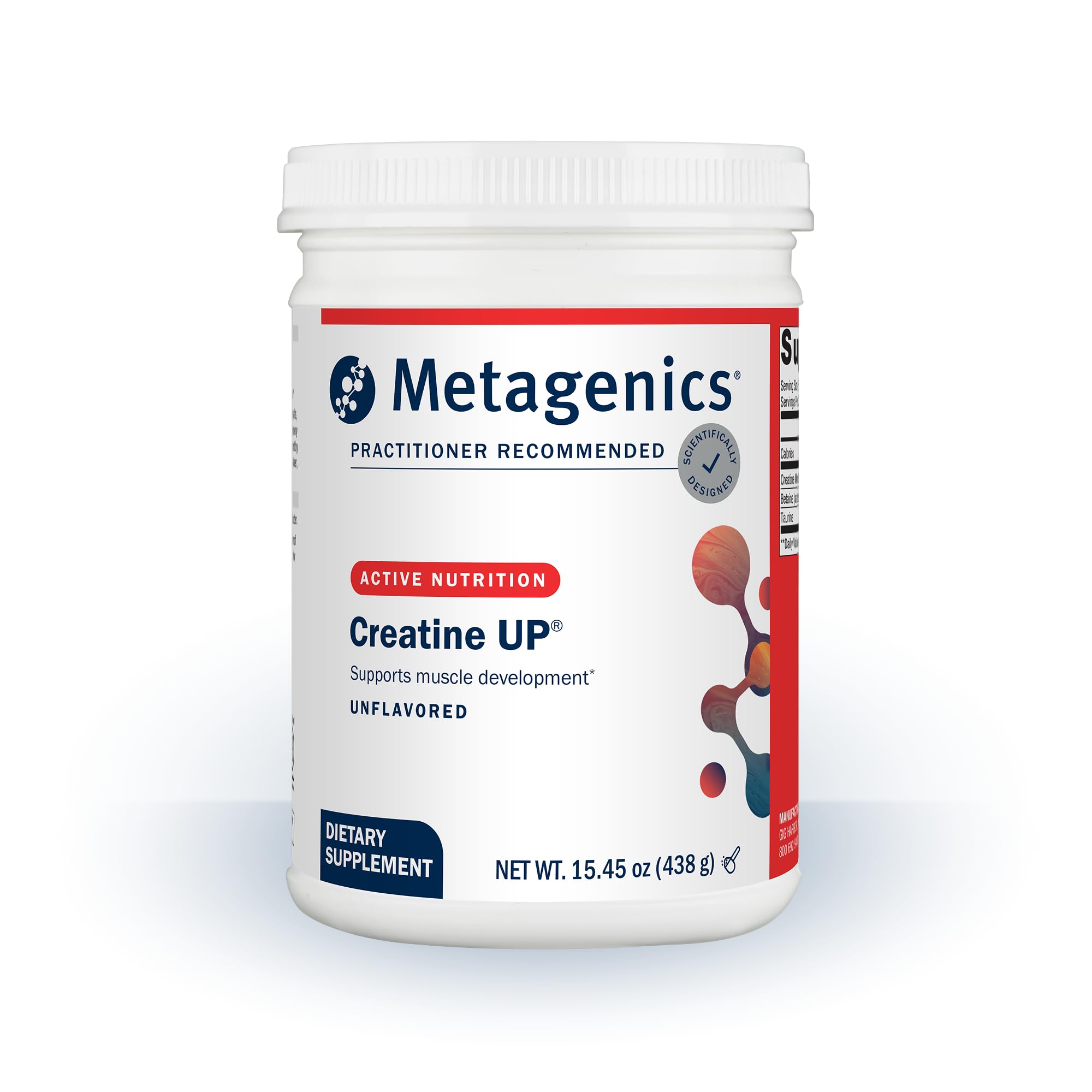 Metagenics Creatine UP envase frontal mostrando diseño y tamaño, confianza y calidad