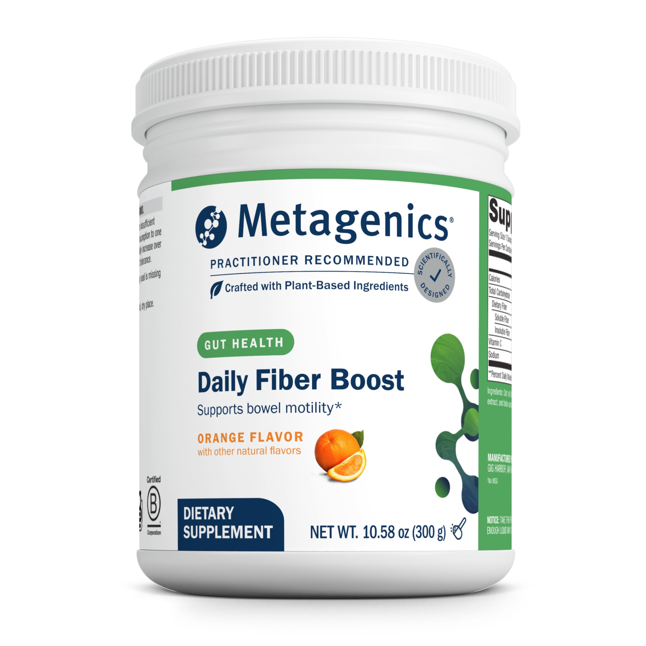 Metagenics envase frontal con sabor naranja y beneficio de fibra diaria
