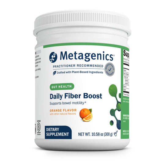 Metagenics envase frontal con sabor naranja y beneficio de fibra diaria