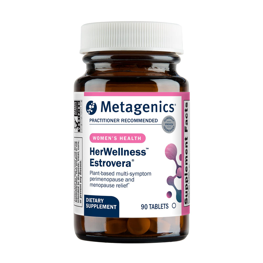 Metagenics Estrovera vista frontal del envase y beneficio de apoyo no hormonal