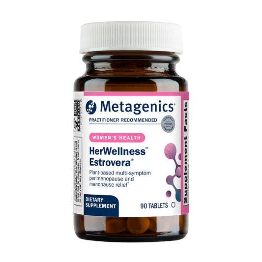 Metagenics Estrovera vista frontal del envase y beneficio de apoyo no hormonal