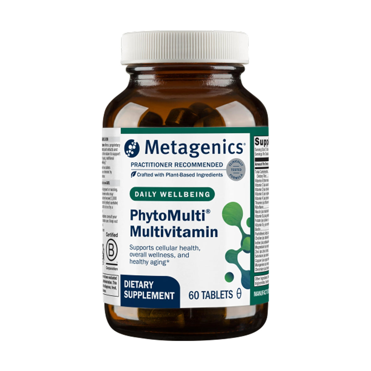 Metagenics frasco frontal mostrando envase y beneficio de soporte multivitamínico