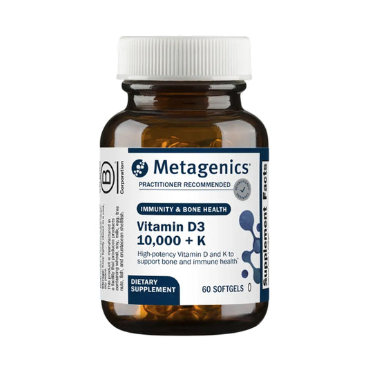 Metagenics frasco frontal mostrando 60 softgels y etiqueta clara, confianza profesional