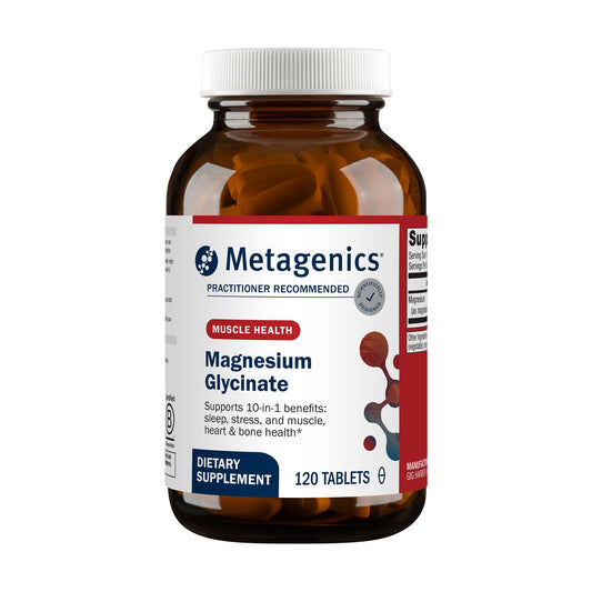 Metagenics envase frontal de Magnesium Glycinate mostrando presentación y beneficios