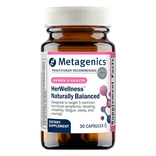 Metagenics envase frontal mostrando HerWellness y beneficios visibles