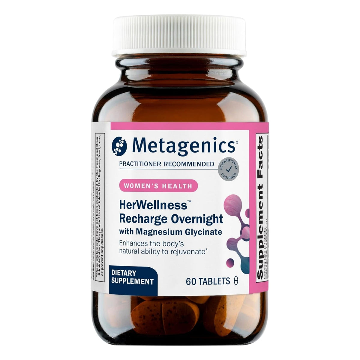 Metagenics HerWellness Recharge Overnight vista frontal, envase claro y profesional