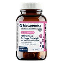 Metagenics HerWellness Recharge Overnight vista frontal, envase claro y profesional