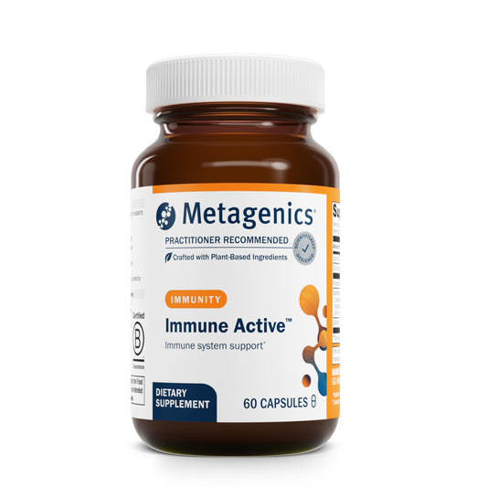 Metagenics Immune Active frente del envase mostrando la marca y beneficios