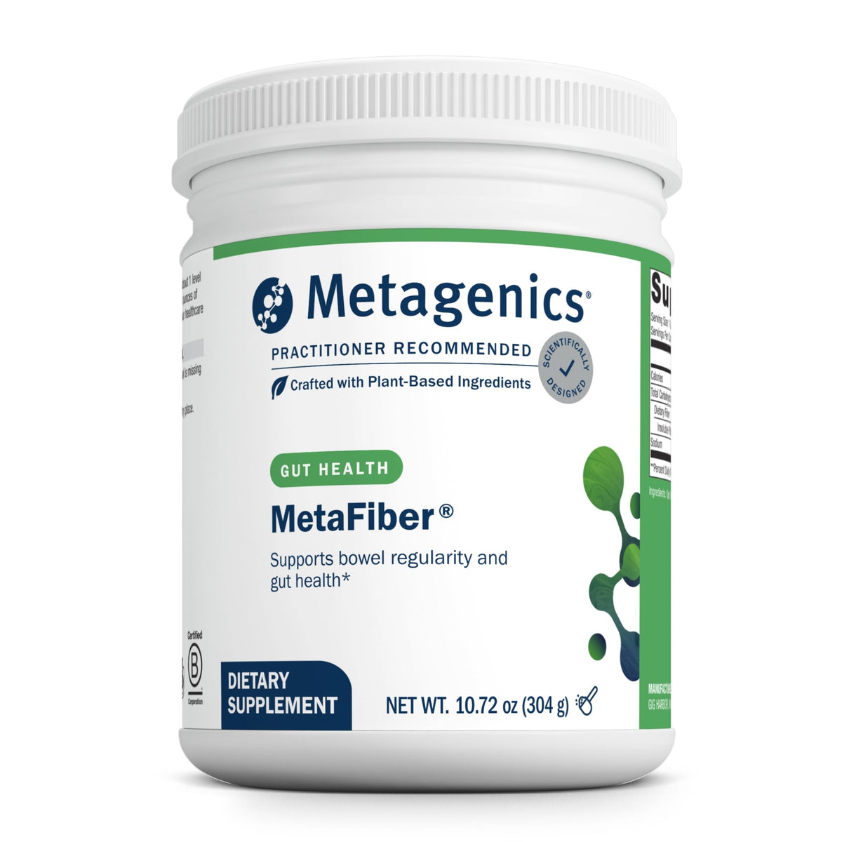 Metagenics MetaFiber envase frontal, presenta beneficios de regularidad