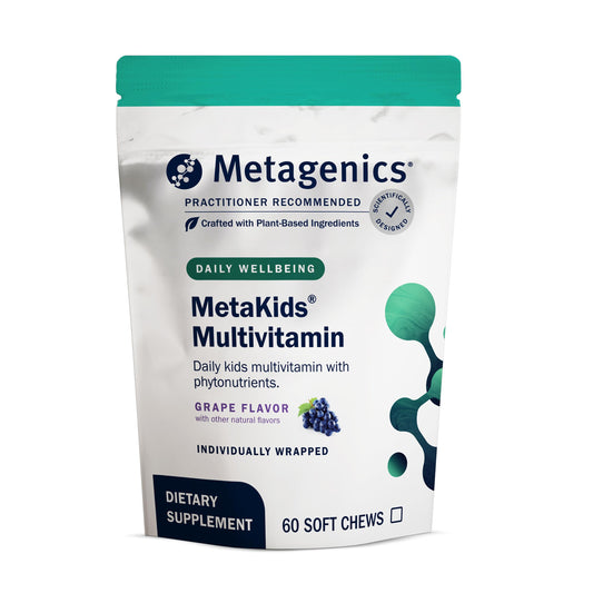 Metagenics MetaKids frente del envase mostrando diseño y beneficios